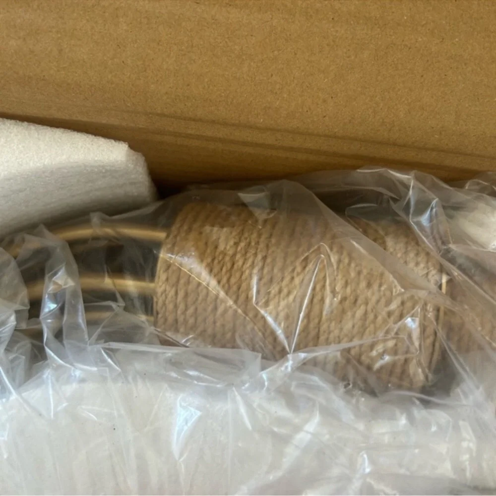 NIB Boho Rattan Chandelier Fabric Shade Antique Gold Brass 5-Lights Hemp Rope